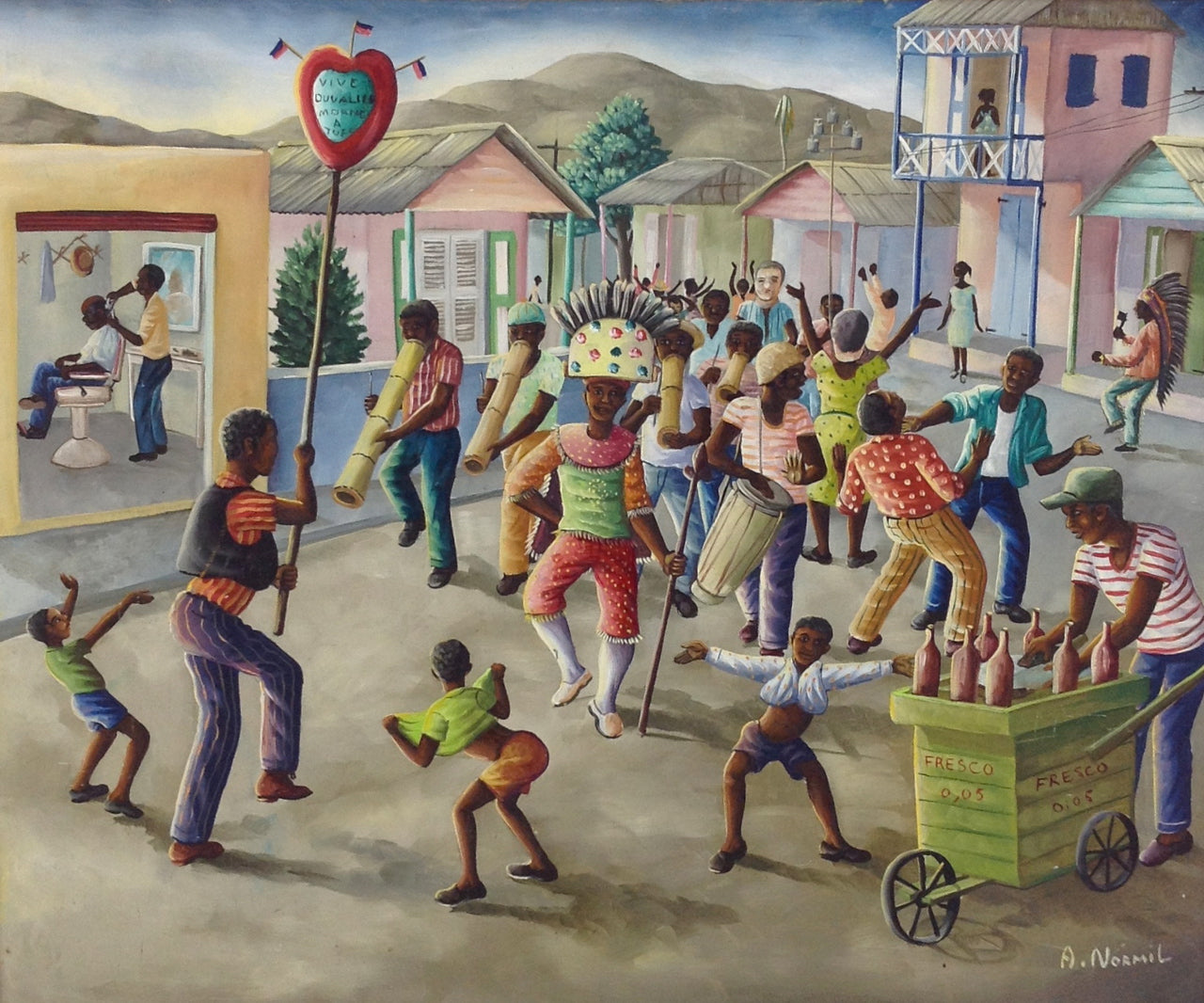 Andre Normil (1934-2014) 20"x24" Carnaval Scene "Vive Duvalier" Oil on Masonite #2402GN-HA