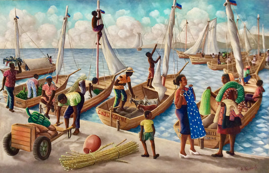 Andre Normil (1934-2014) 20"x30" Scene At The Port c1960  Oil on Masonite Painting #1GSN-NY
