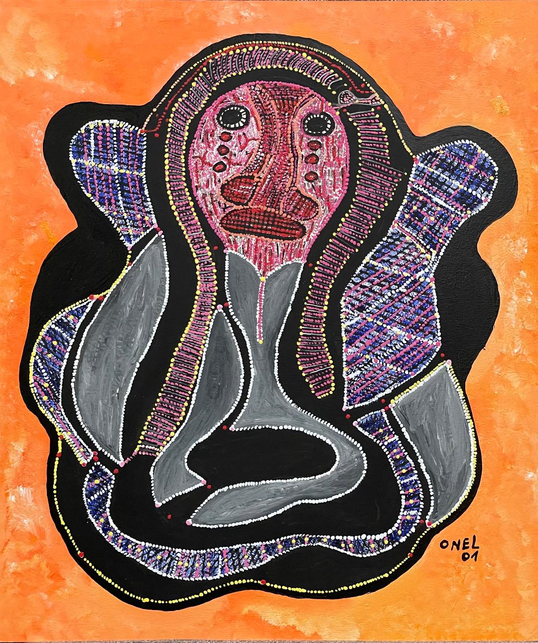 Onel-Lionel Paul 16 ¼"x13 ⅞"  Abstract/Spirit and Snakes  in Orange Background 2001 Acrylic Painting on Bristol Paper Mounted #4MFN