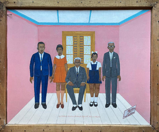 Philome Obin (Haitian, 1891-1986) 16"x20" The Famous Painter Philome Obin & His Children c1970 Oil on Board #1LSM