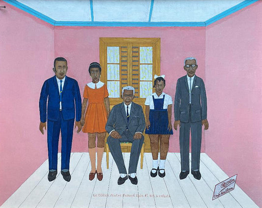 Philome Obin (Haitiano, 1891-1986) 16"x20" El famoso pintor Philome Obin y sus hijos c1970 Óleo sobre tabla #1LSM