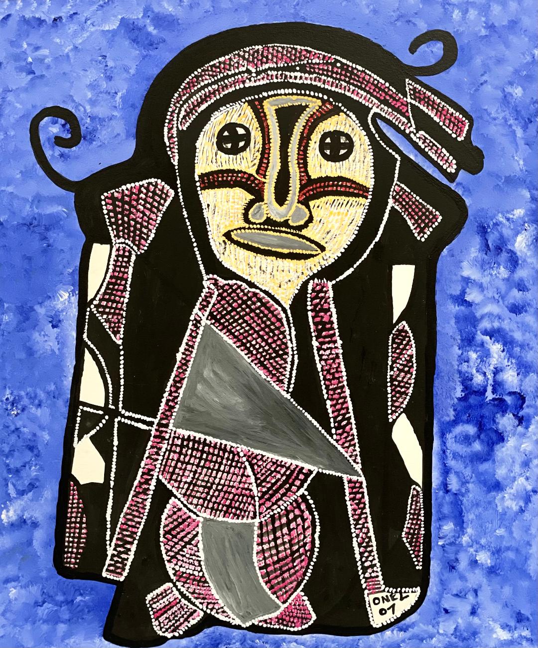 Onel-Lionel Paul 16 ¼"x13 ⅞" Abstract/Black Shadow Spirit in Blue Background 2001 Acrylic Painting on Bristol Paper Mounted #2MFN