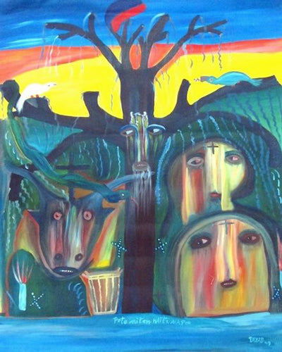 Payas (Pierre-Sylvain Augustin) 46"x35" Poto-Mitan Haïti Mapou 2009 Acrylique sur toile #J80