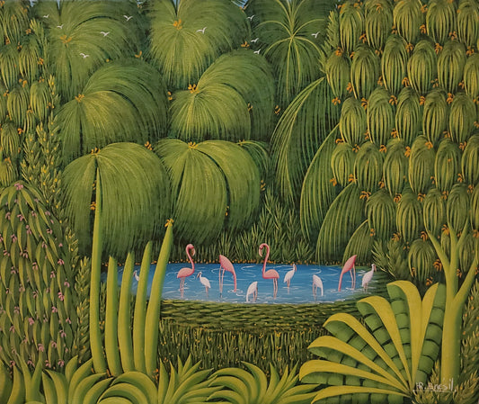 Henri-Robert Bresil (1952-1999) 20"x24" Flamingos c1990 Oil on Canvas #1MF