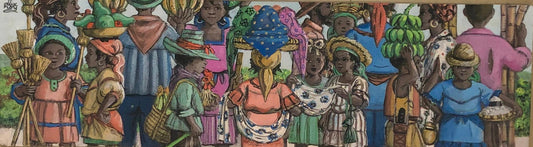 Alix Roy (1930-2010) 9"x26" Mercado de niños ocupados Acrílico sobre lienzo duro Enmarcado #1FC