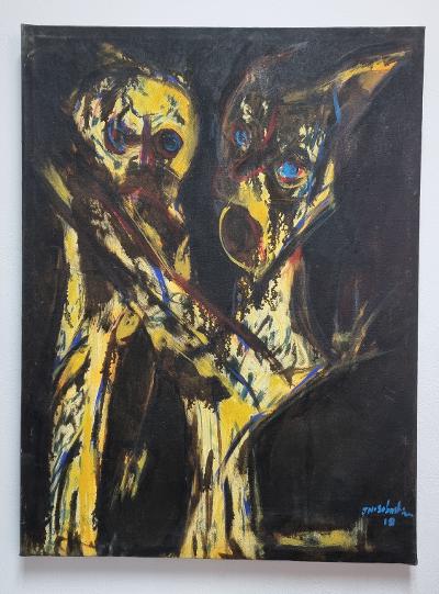 Sebastien Jean (Haitian, 1980-2020) 38"x29" Yellow Abstract In The Dark 2018 Acrylic on Canvas Painting #2KC-HA