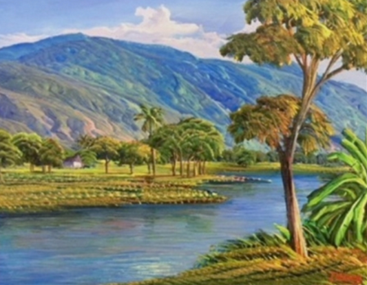 Jean-Adrien Seide 12"x16" Río, árboles y montañas Acrílico sobre lienzo #J90-HA