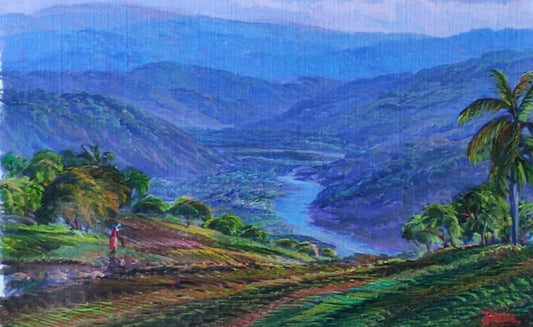 Jean Adrien Seide 12"x16" Dans la vallée avec vue sur la rivière 2021 Acrylique sur toile #9MFN
