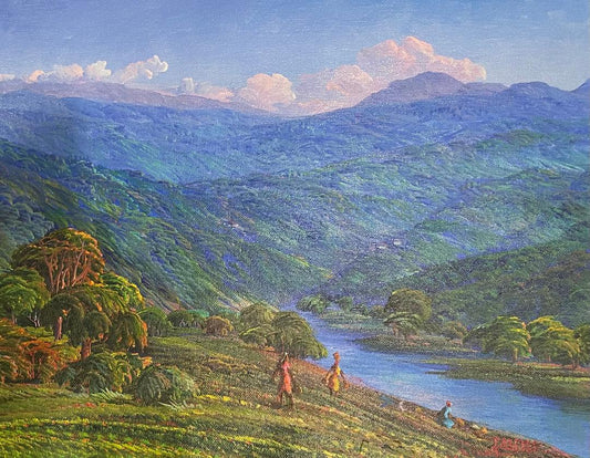 Jean Adrien Seide 12"x16" Femmes au bord de la rivière et des montagnes 2022 Acrylique sur toile Peinture #11MFN