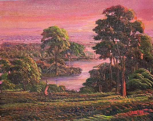 Jean Adrien Seide 8"x10" Vista del atardecer con árboles y agua 2022 Acrílico sobre lienzo Pintura #22MFN