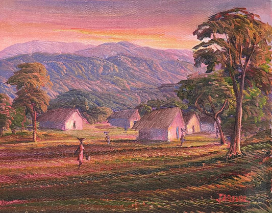 Jean Adrien Seide 8"x10 » Village au coucher du soleil 2022 Acrylique sur toile Peinture #24MFN