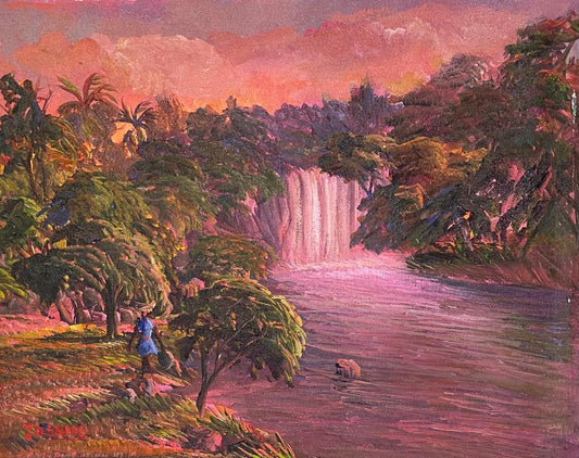 Jean Adrien Seide 8"x10" Femme près de la cascade et des arbres au coucher du soleil 2022 Acrylique sur toile Peinture #29MFN