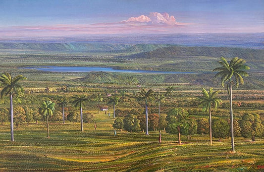 Jean Adrien Seide 40"x60 » Vallée avec montagnes, lac, cocotiers 2022 Acrylique sur toile peinture #6A-MFN