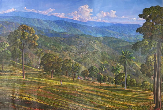Jean Adrien Seide 48"x72" Village, Montagnes et Arbres 2022 Acrylique sur toile Peinture #7A-MFN