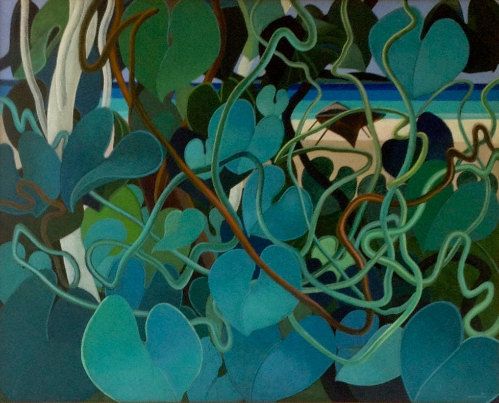 Bernard Sejourne (1947-1994) 48"x60" Green By Cormier Beach 1984 Acrylic on Masonite Painting #2409GN-HA-Published In "Peintres Haitiens", pp261