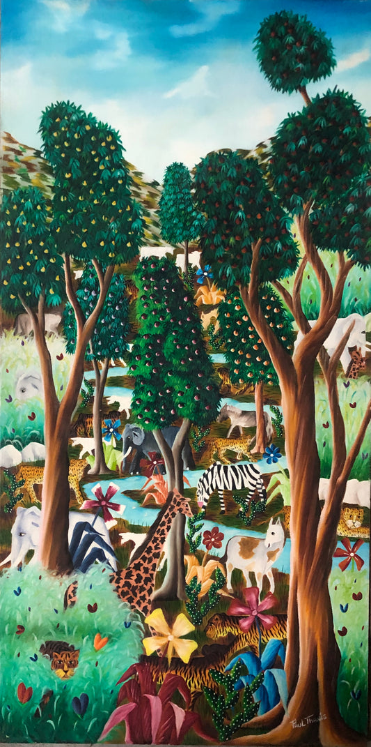 Paul Thanis 48"x24" Selva con animales Óleo sobre lienzo #50-3-96-HA