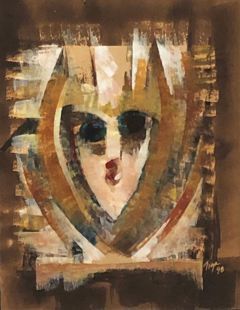 Jean-Claude Garoute -Tiga (1935-2006) 20"x16" Triangle Face 1998 Mixed Media on Board Painting #5FC