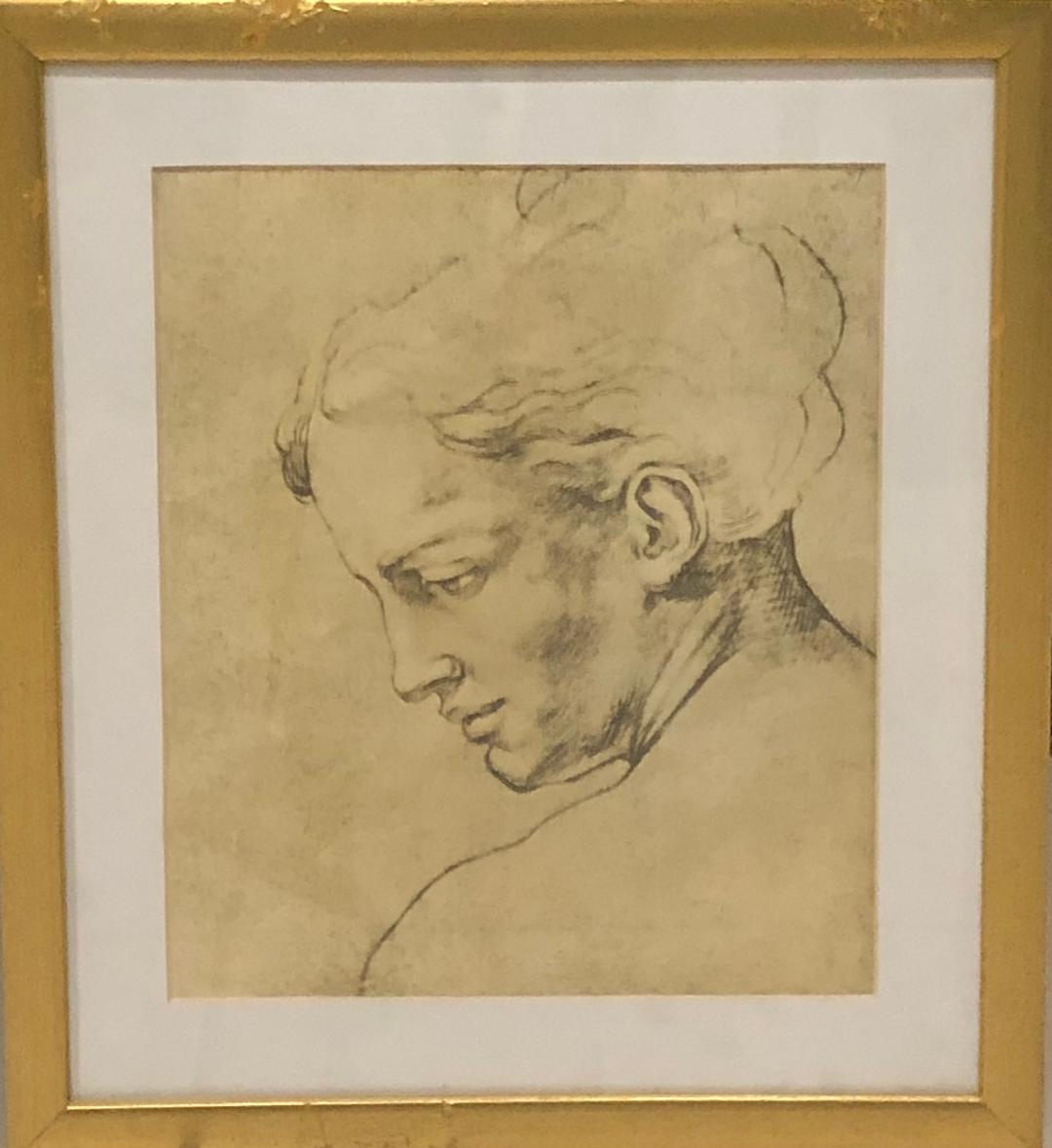 Unknown Artist 15"x13" Lady Profile Drawing on Paper Framed Under Glass #2FC