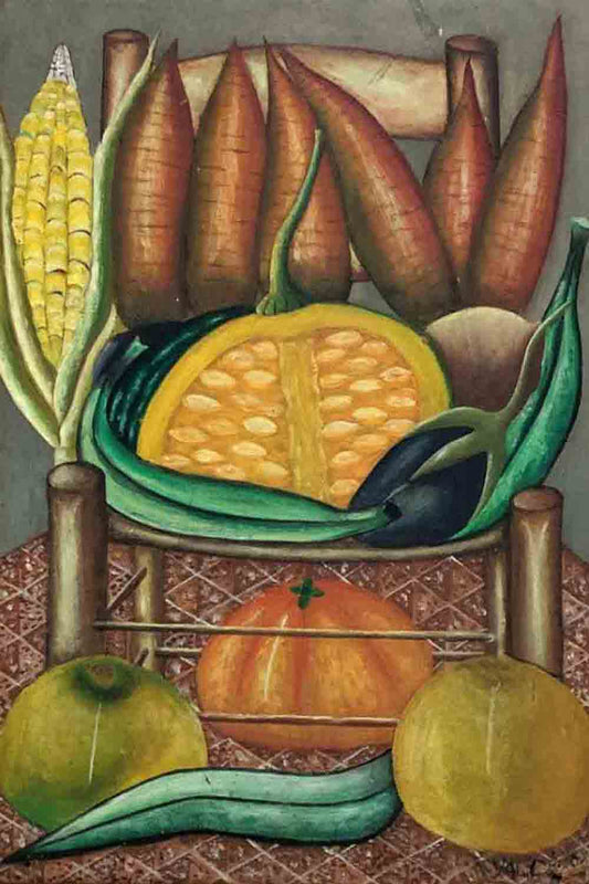 Gerard Valcin (1925-1988) 16"x11" Fruits sur chaise Huile sur Masonite #114-3-96GSN-NY