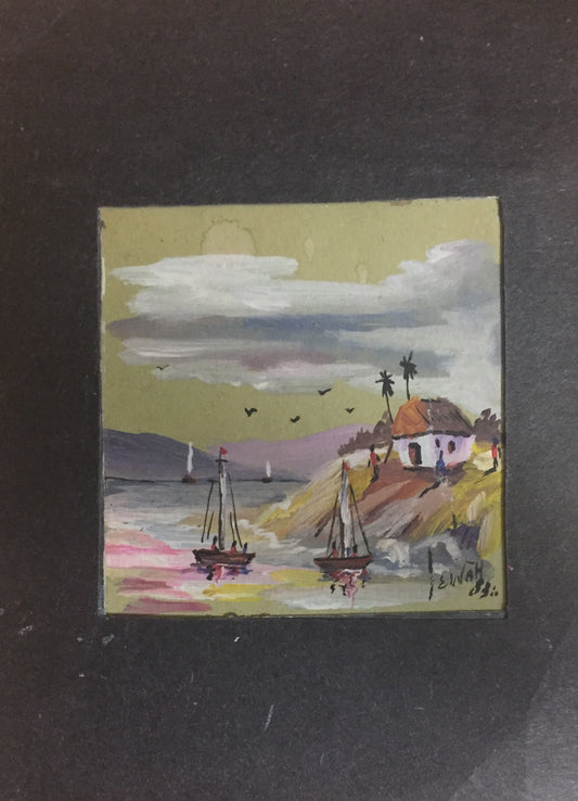 Edouard Wah (1938-2003) 3,5"x3,5" Scène Marine Acrylique sur papier #2MFN