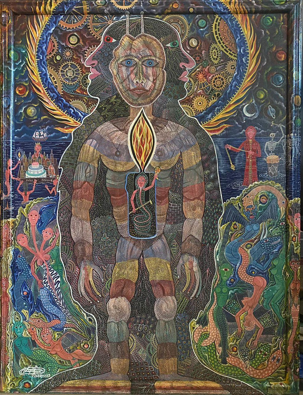 Frantz Zephirin 42,5"x32,5" La Descente des Dieux 2022 Huile sur bois Peinture sur cadre peinte à la main #8JN-HA