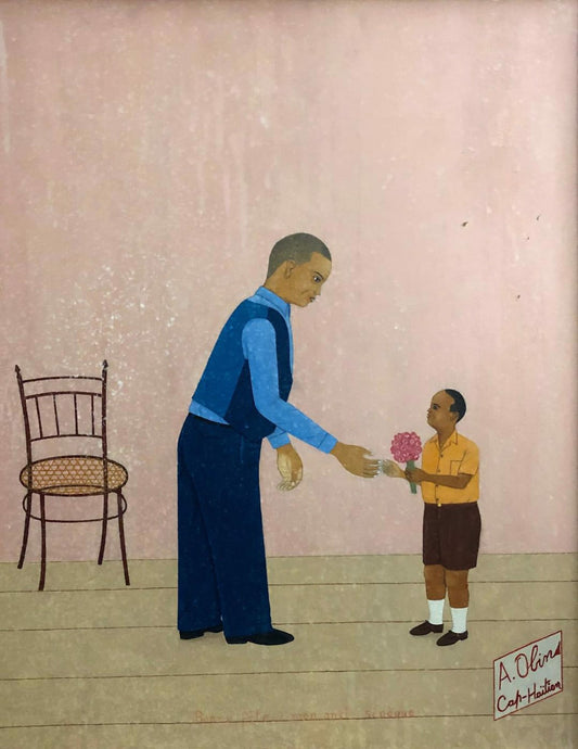 Antoine Obin (Haitiano, 1929-1992) "Bonne Fete a mon oncle Seneque" Óleo sin marco sobre pintura de masonita 20"h x 16"w #216-6-91GSN-NY