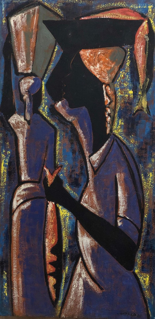 Luckner Lazard (Haitiano, 1928-1998) "Vendedores de pescado" 1958 Pintura acrílica sobre tabla enmarcada 23" de alto x 16" de ancho #1GSN-NY