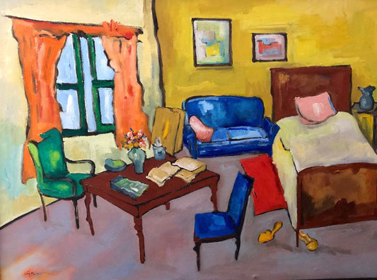 Georges Desarmes (Haïtien, né en 1950) "Scène d'intérieur" Peinture à l'huile sur toile encadrée 24"h X 32"l #1GSN-NY