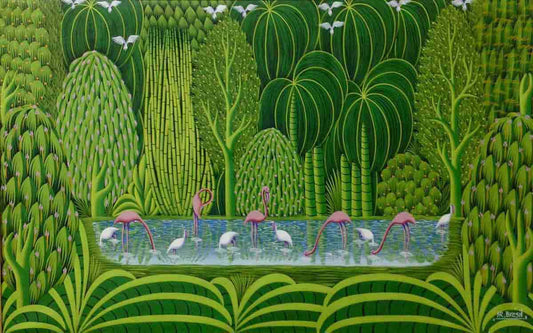 Henri-Robert Bresil (1952-1999) 24"x36" Scène de verdure Huile sur toile #2111GN-HA