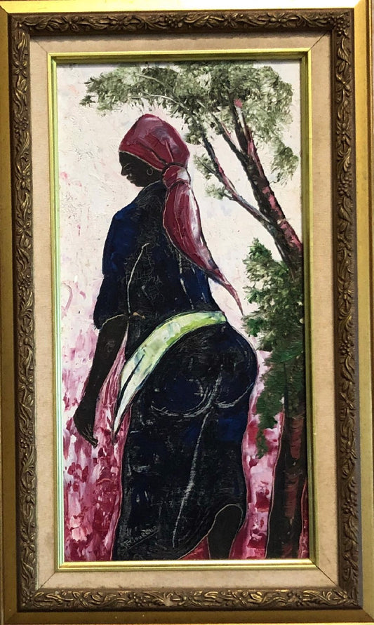 Jacques-Enguerrand Gourgue (Haitiano, 1930-1996) "La dama de atrás" Óleo sobre tabla Pintura enmarcada 16"h X 9"w #2GSN-NY