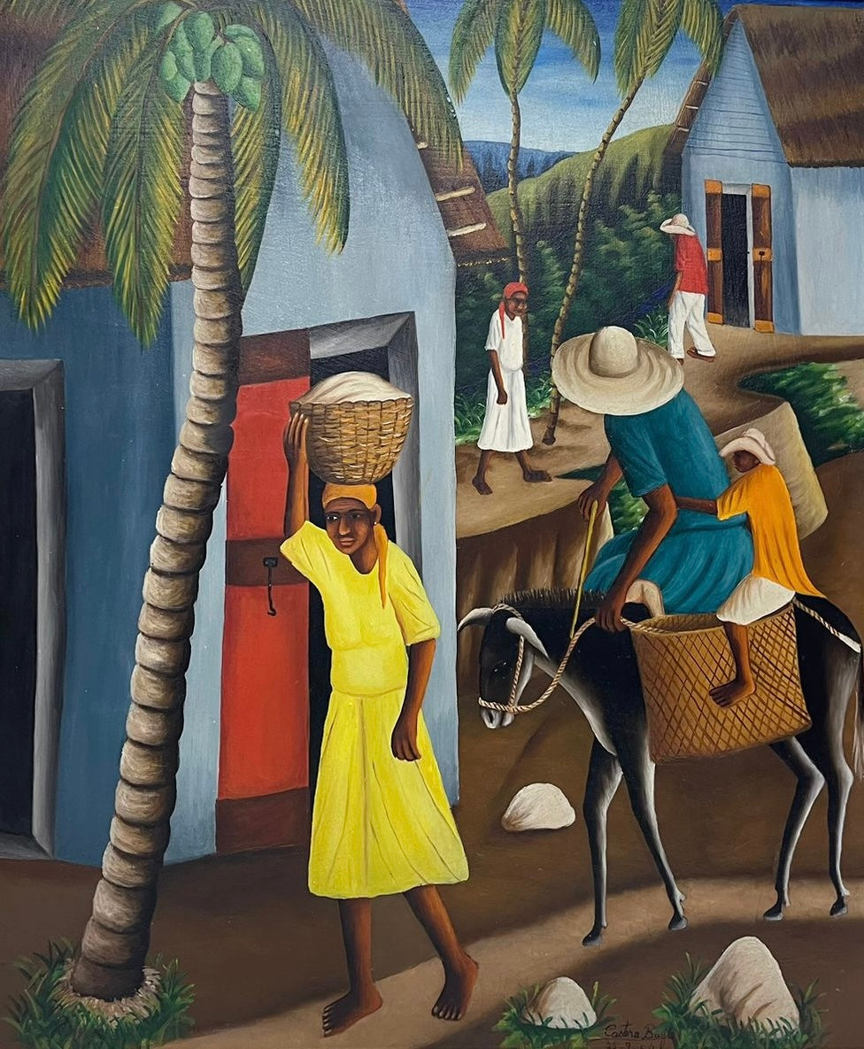 Castera Bazile (1923-1966) 24"x20" Depart Pour Le Marche 1958 Oil on Board Painting- Publié dans le livre Peintres Haitiens #1-3-96GSN-HA