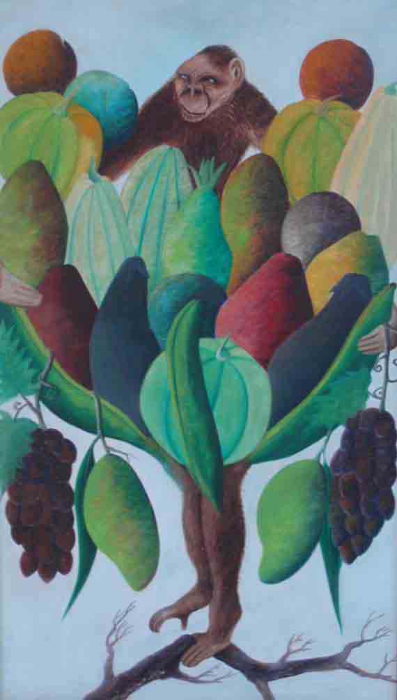 Jasmin Joseph (1923-2005) 28"x16" Le singe et l'huile d'arbre fruitier sur Masonite #1-3-96GN-HA