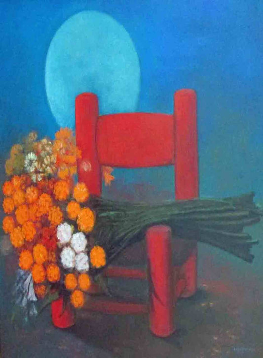 Jean-Claude Legagneur 30"x30" Chaise et fleurs acrylique sur toile #J23-HA