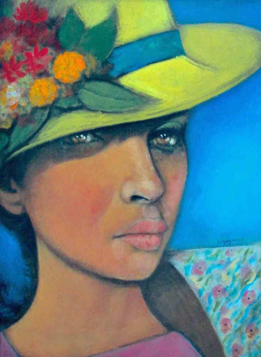Jean-Claude Legagneur 24"x20" La Dame au chapeau de fleur Acrylique sur toile #J28-HA