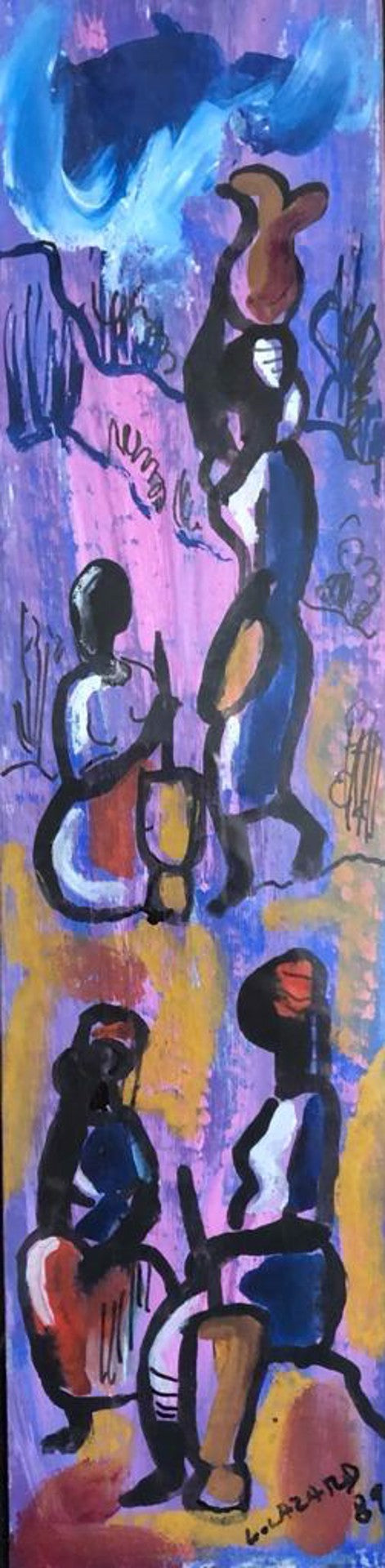 Luckner Lazard (Haitian, 1928-1998) "Water Sellers" 1989 Framed Watercolor on Paper 12"h x 3"w #2GSN-NY