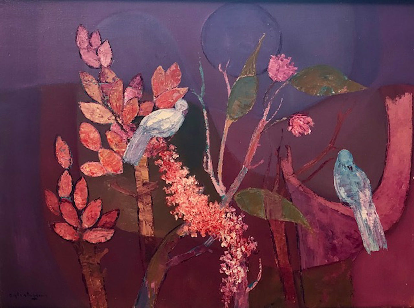Calixte Henry (Haïtien, 1933-2010) « Oiseaux et fleurs » 24"h X 30"w Peinture à l'huile sur toile encadrée #1GSN-NY