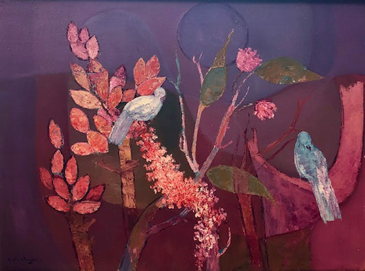 Calixte Henry (Haitian, 1933-2010) "Birds and Flowers" 24"h X 30"w Framed Oil on Canvas Painting  #1GSN-NY