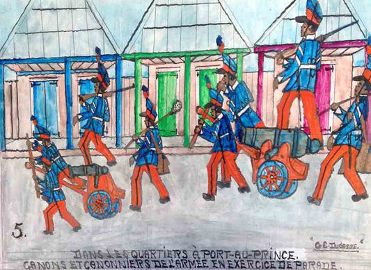 Gervais Emmanuel Ducasse (1903-1988) 16"x24"-1977 " Dans Les Quartiers à Port-au-Prince. Canons et Canonniers de L'Armée En Exercice De Parade" Huile sur carton#18MFN