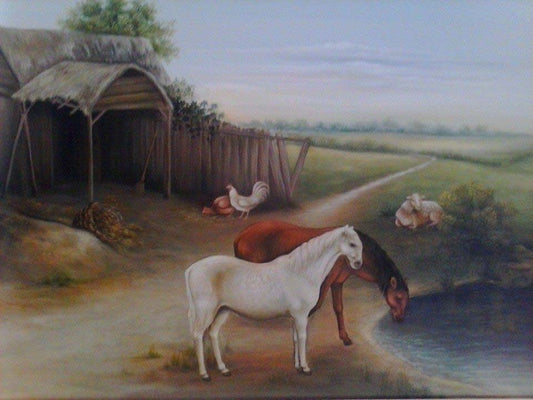 Benson Myrtil 16"x20" Watering Horses 2013 Acrylic on Canvas #3C