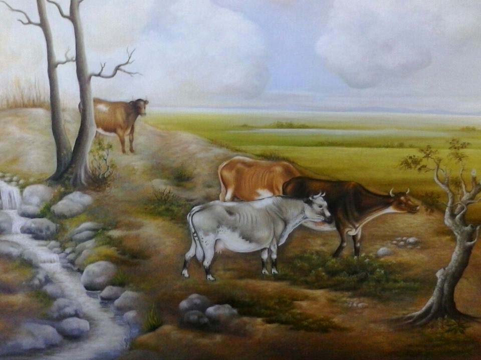 Benson Myrtil 24"x30" 2013 Cows In The Savanna Acrylic on Canvas#5C