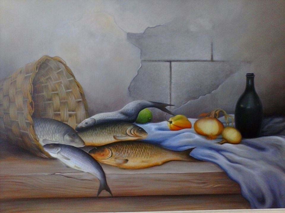 Benson Myrtil 24"x36" Nature morte avec des poissons 2013 Acrylique sur toile #6C