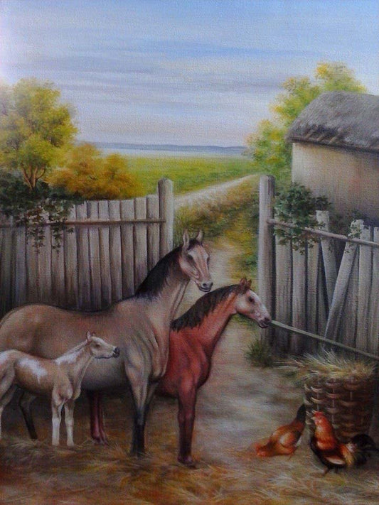Benson Myrtil 18"x14" Trois chevaux dans une ferme 2013 Acrylique sur toile #4C