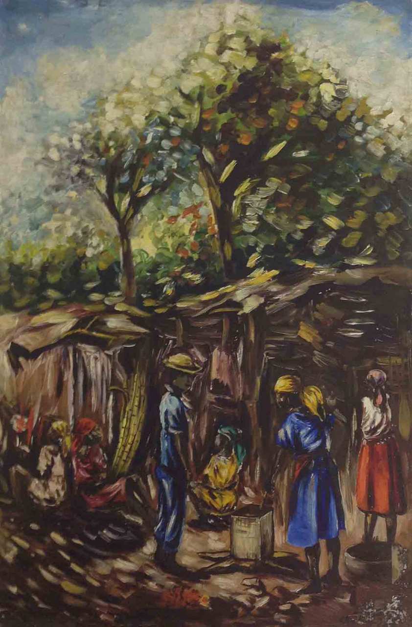 Ernst Louizor (1938-2011) 24"x16" Vendeurs sous les arbres Huile sur toile #28-3-96GNHA