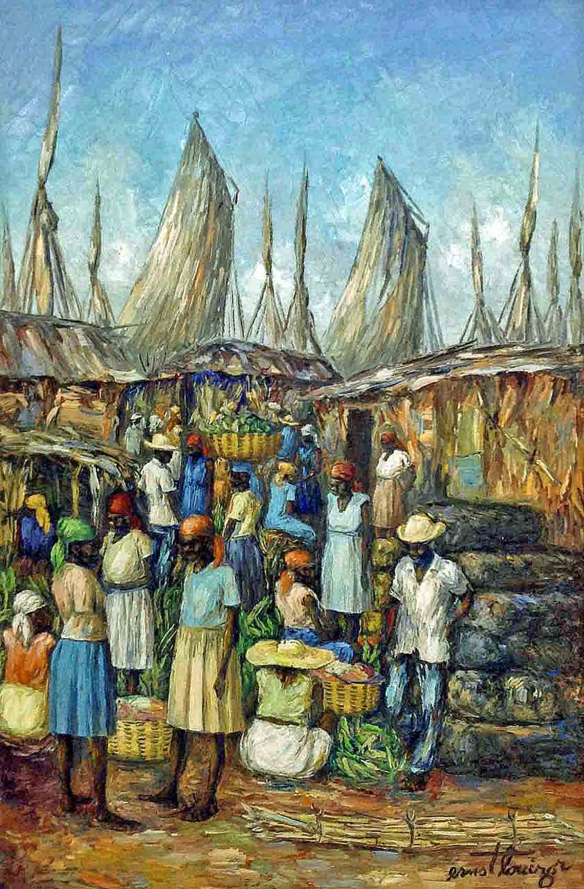 Ernst Louizor (1938-2011) 16"x24" Market Scene C1970 Oil on Canvas #139-3-96GN-HA