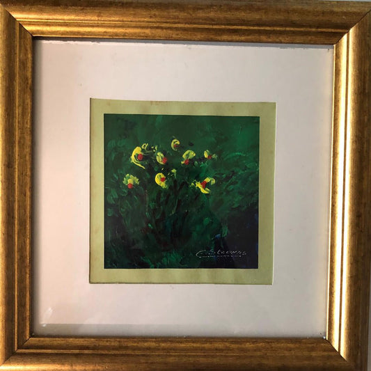 Eddy Stevens (Haitiano) "Flores verdes" Acuarela enmarcada 4.5"h x 4.5"w #38-4-GSN-NY