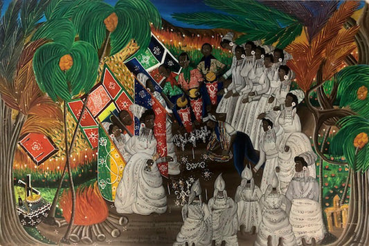Andre Pierre (Haitiano, 1914-2005) "Ceremonia vudú" Pintura al óleo sobre tabla sin marco 24"h x 36"w #6-2-95GSN-NY