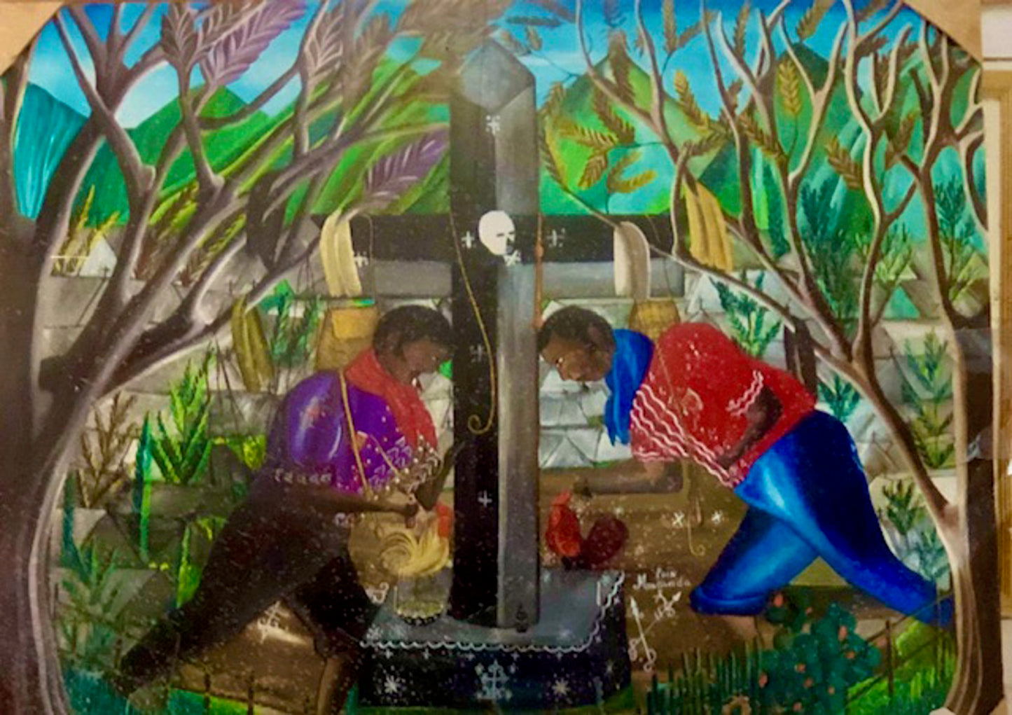 Andre Pierre (Haitian, 1914-2005) "Voodoo Ceremony at Cemetery" Unframed Oil on Board Painting 50"h x 39"w #1GSN-NY