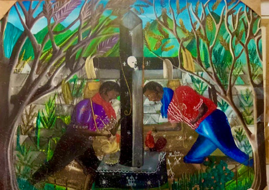 Andre Pierre (Haïtien, 1914-2005) "Cérémonie vaudou au cimetière" Peinture à l\'huile sur panneau sans cadre 50"hx 39"w #1GSN-NY