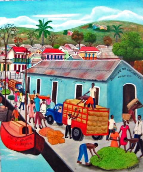 Rony Leonidas (1946-2012)  24x20 "Douanes du Cap-Haitien" 1983  Oil on board #4-2-95MIA
