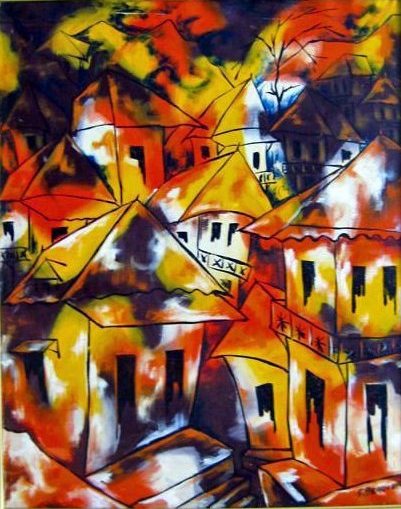 Paul Beauvoir (1932-1972) 30"x24" Houses Oil on Canvas #1-2-95MIA